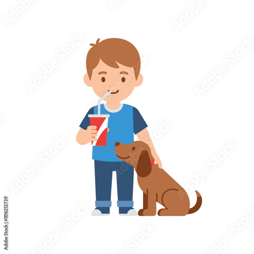 Boy enjoying a refreshing beverage with his loyal canine companion in simple illustration