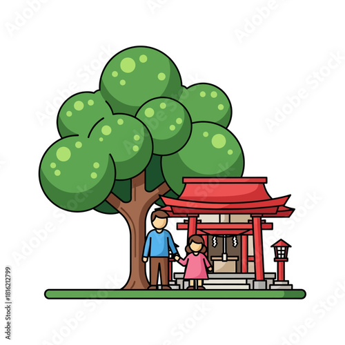 Illustrative depiction of a couple visiting a Japanese shrine beneath a verdant tree canopy