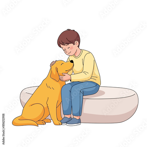 Serene bond depicted in an endearing illustration of a boy and his canine companion on a soft