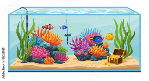 Colorful cartoon aquarium illustration showcasing a diverse underwater world with tropical fish, vibrant coral reefs, and a sparkling treasure