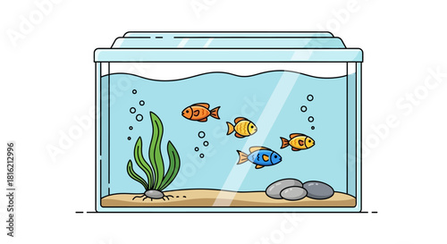 Aquarium with Swimming Goldfish, Seaweed, Pebbles and Bubbles Illustration