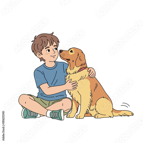 A heartwarming illustration of a boy embracing his golden retriever dog with love and affection
