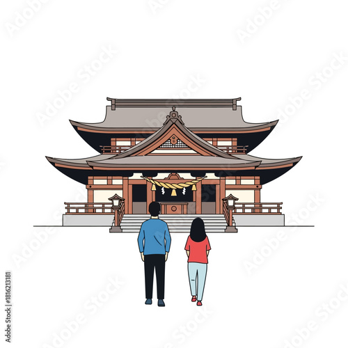 Contemplative couple visits an ancient traditional Japanese shrine peacefully together