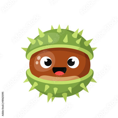 Animated chestnut character with a charming facial expression and spiky shell illustration