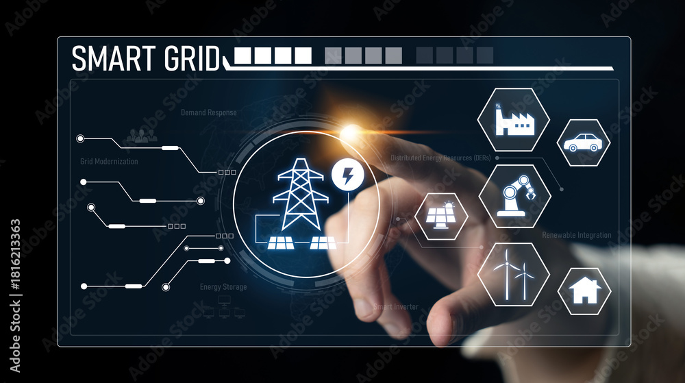 Fototapeta premium Smart grid system integrating renewable energy sources, energy storage, smart inverters, and demand response for efficient, decentralized, and modern power distribution Latch