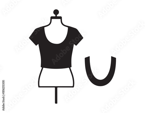 Scoop Neckline Style for Women's Blouse, Dress Shape Icon. Black Tee, Crop Top on a Dummy. Stylish Women's Scoop Neckline. Isolated Vector Image

