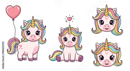 Cute Unicorns with Rainbow Mane Vector Illustration for Kids