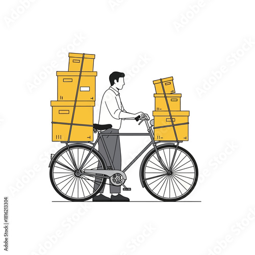 Illustrated delivery with bicycle and boxes, eco-friendly transportation service, simple delivery
