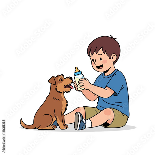 A Boy Feeds His Dog From a Baby Bottle in a Heartwarming and Tender Scene of Companionship