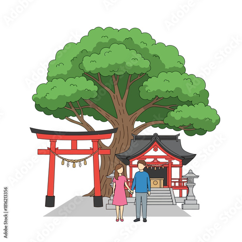 Couple visits traditional Japanese shrine with torii gate and venerable tree for scenic views