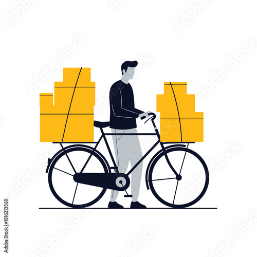 Minimalistic bicycle delivery vector illustration with a person carrying boxes on bike