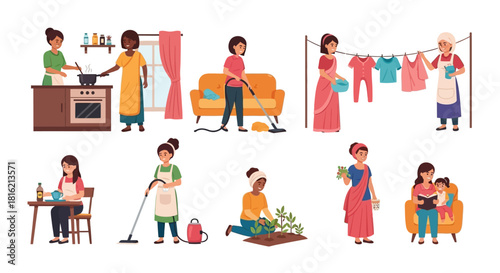 Set of isolated vector illustrations showing women performing various household duties, daily routines like cooking, cleaning, and childcare