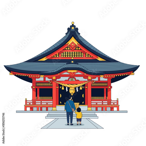 Minimalistic depiction of a traditional Shinto shrine, with figures approaching, under serene