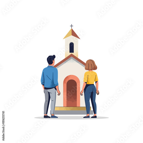 Couple gazing at a quaint church building, contemplating history and peaceful sanctuary architecture
