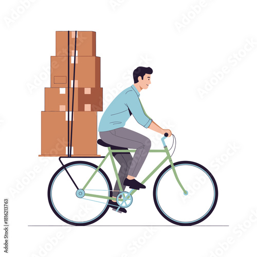 Cartoon illustration of a man riding a bicycle while transporting a tall stack of boxes