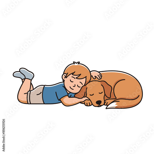 A heartwarming cartoon illustration of a boy peacefully resting with his dog friend showing