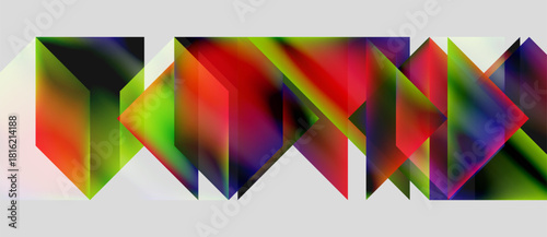 Abstract geometric shapes blend vibrant colors. Gradient transitions create dynamic visual rhythm, modern design.