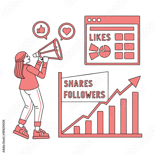 Illustration of a woman with a megaphone promoting social media growth, shares, followers, and likes, isolated on