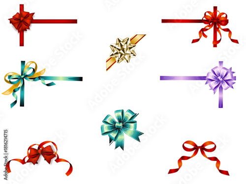 Realistic ribbon bow corner. Gift decoration, 3D bows for box corners and holiday gifts template. Red, gold gifting ribbons vector set. Bundle of decorative silk tapes for festive packaging.
