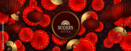 Chinese New Year. Exquisite background with golden fans and with an isolated round frame.