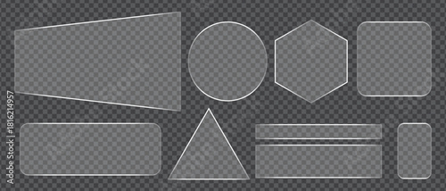 Transparent Glass Geometric Shapes Rectangle, Circle, Triangle, Hexagon on Checkered Background for Design