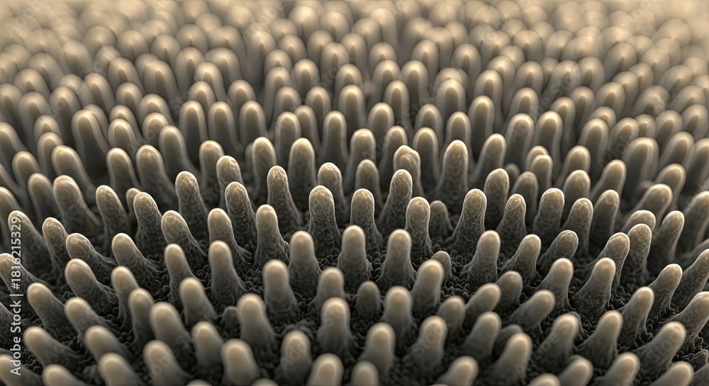 Obraz premium Close-up microscopic view of villi in the small intestine, a detailed anatomical rendering for medical, scientific, or educational concepts related to digestion and health