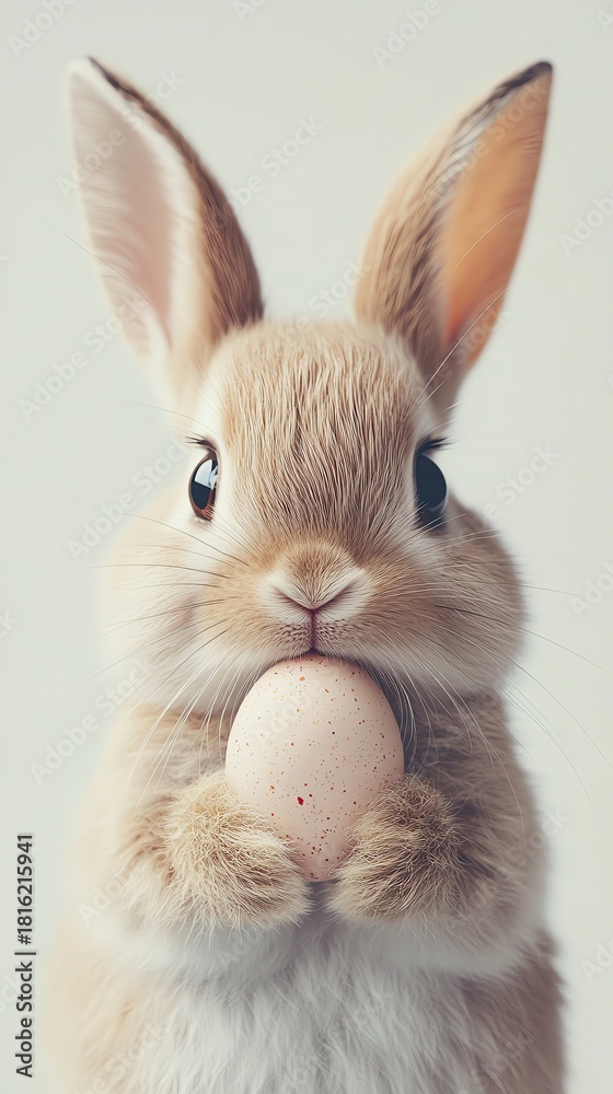Obraz premium Cute bunny holding an egg in soft lighting.