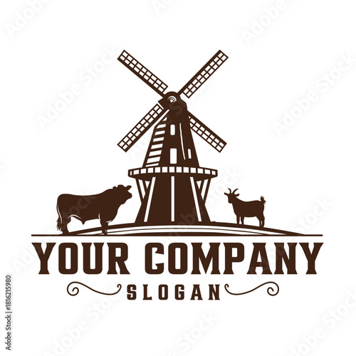 Vintage farm logo featuring a windmill, cow, and goat silhouette isolated on, evoking a rustic and agricultural atmosphere