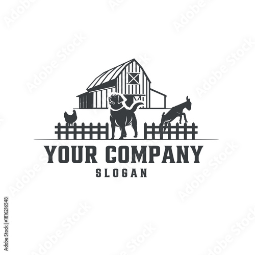 A captivating farm logo design showcasing a barn, chicken, dog, and donkey behind a fence, isolated on perfect for branding