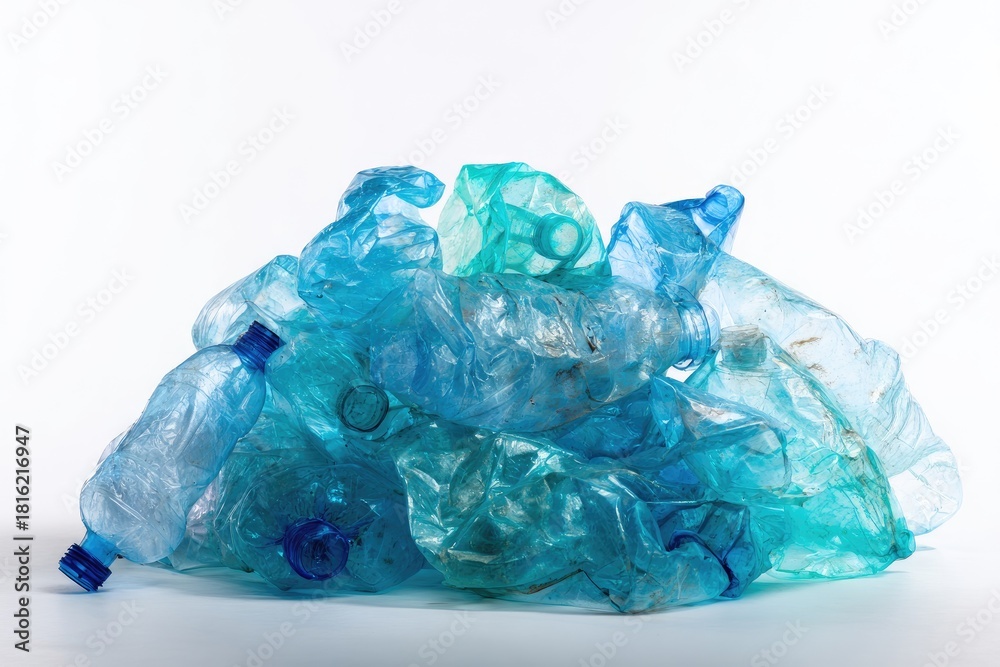 Fototapeta premium A large pile of crumpled blue and green plastic bottles on a white background
