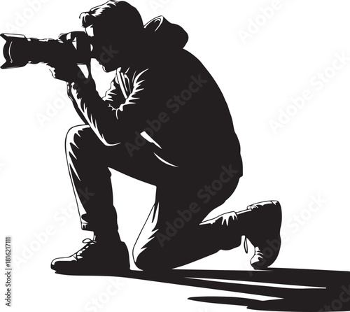 Silhouette of Photographer Taking a Picture with Professional Camera on Knee