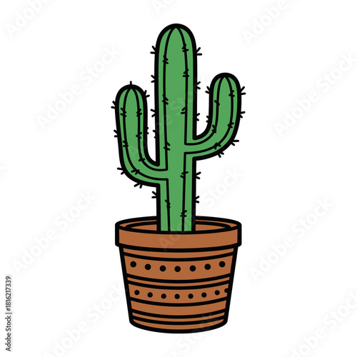 Stylized cactus in a terracotta pot, an illustration of desert vegetation for decoration