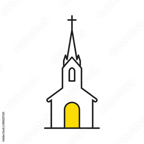 Simple church illustration with a steeple and cross in minimalist design style icon