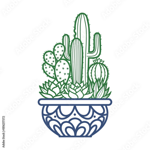 Stylized desert flora arrangement with botanical variety in a decorative container design