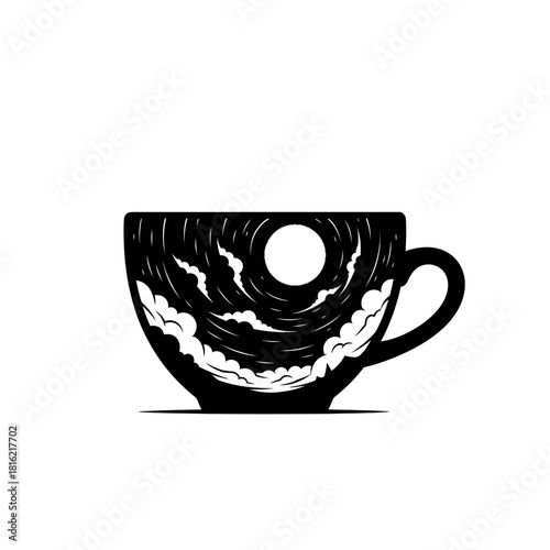 Mystical tea cup embodying a serene nightscape with a shining moon silhouette  illustration
