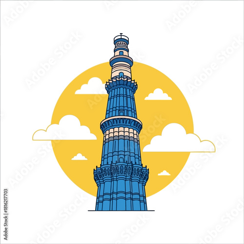 Qutub Minar: A stylized representation of the historical Delhi monument with vibrant backdrop