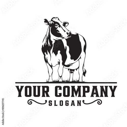 A striking black and white illustration of a cow, standing gracefully isolated on, perfect for branding and logo design projects