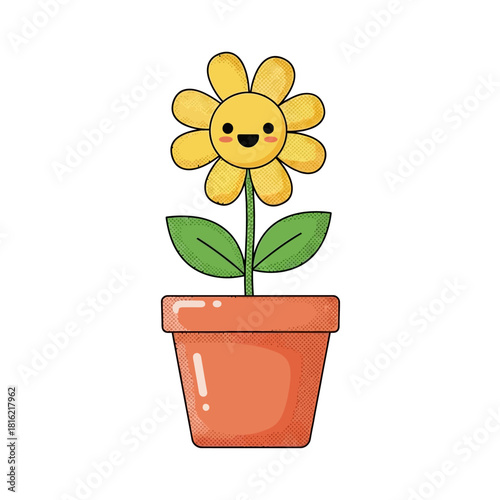 Whimsical sunflower illustration in a terracotta pot beaming with joy and childlike innocence