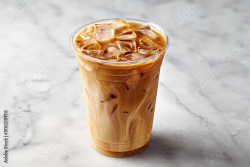 Refreshing iced coffee with cream swirls and ice in a clear cup on a marble surface