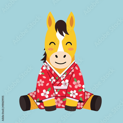 Yellow cartoon horse wearing red floral kimono sitting