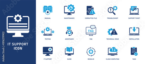 sets of IT support and troubleshooting icons, including, maintenance, installation, guide, cloud computing, FAQ 