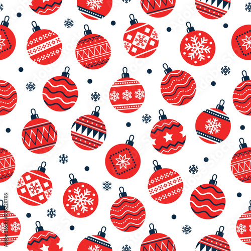 Christmas seamless pattern. with red christmas ball on white background. Design for textiles, gift wrapping paper, wallpaper. Vector illustration