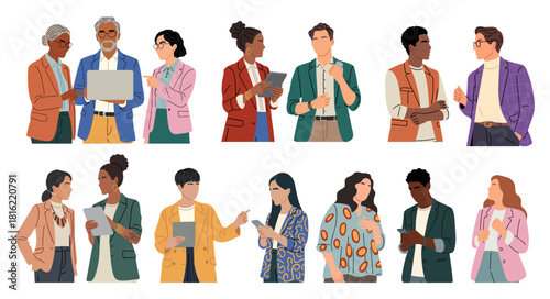 Diverse business people communicating in pairs, using laptops, tablets, phones. Modern flat style, smart-casual outfits, teamwork, collaboration, office interaction scenes. Vector illustration