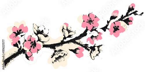 Hand drawn cherry blossom branch with pink flowers isolated on white