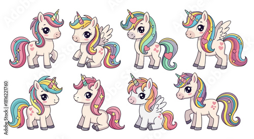 A charming collection of cute cartoon unicorns with rainbow manes, vector illustration set of magical pony characters