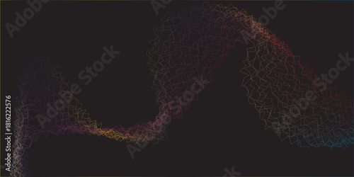An abstract, dark digital background featuring a sinuous, wavy band composed of a dense collection of interconnected, thin, jagged, and faintly glowing lines that transition smoothly through a vibrant