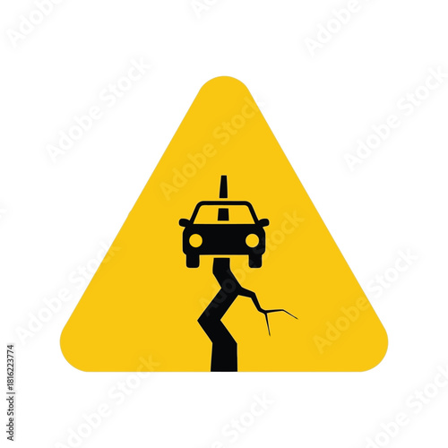 Road hazard warning sign: car on cracked pavement, damaged road ahead symbol Vector, illustration