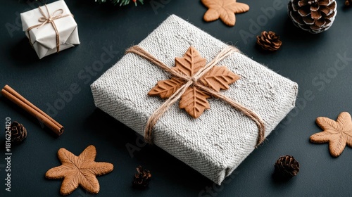A beautifully wrapped gift box with a textured grey paper and twine, adorned with a cutout leaf shape, sits amidst festive autumn-themed decorations.