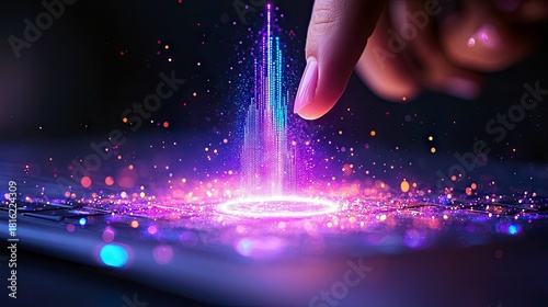 A finger interacts with a digital projection, causing a cascade of light particles and a glowing ring to appear.