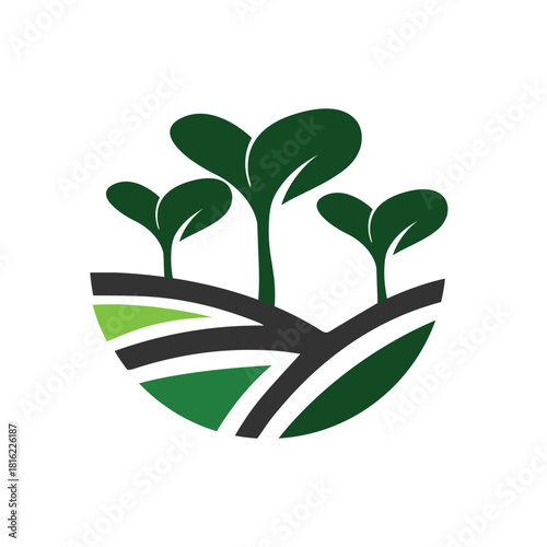 Three green saplings grow on a farm field with green and gray stripes isolated on, representing agriculture and farming